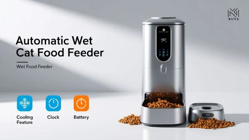 An automatic wet cat food feeder with portion control and ice packs, designed to keep wet food fresh and serve scheduled meals to cats when the owner is away.