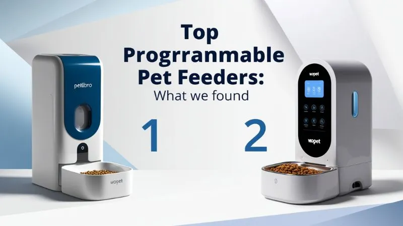 Programmable pet feeder with a digital display and food bowl, designed for automatic meal scheduling for pets