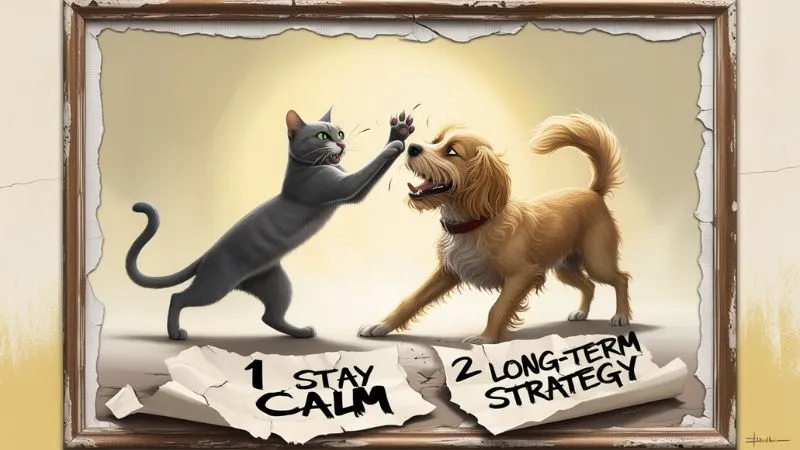 An image of a cat and dog in the middle of a tense confrontation. The cat has its back arched and fur standing on end, while hissing at the dog. The dog is barking, with its ears pinned back and teeth slightly bared. Both animals appear defensive and alert, creating a sense of conflict between them.