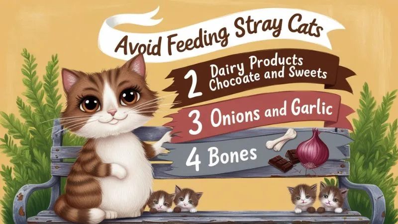 Warning against feeding harmful foods to stray cats, highlighting foods to avoid like dairy, chocolate, and bones for their safety and well-being.