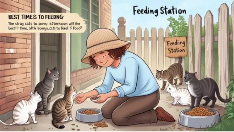 A stray cat sitting near a food bowl outdoors, highlighting the importance of choosing the best times for feeding to keep them healthy and safe.