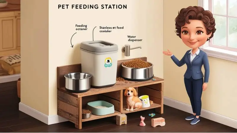 
Step-by-step guide to setting up a pet feeding station, featuring organized food and water bowls for a clean and convenient mealtime setup.