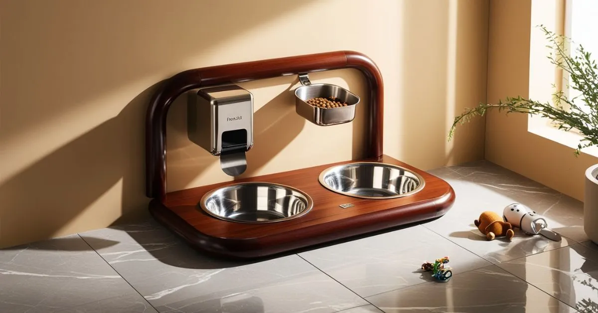 An organized and stylish pet feeding station with bowls for food and water, designed for convenience and cleanliness.